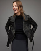 Women's Black Leather Biker Jacket with Belt