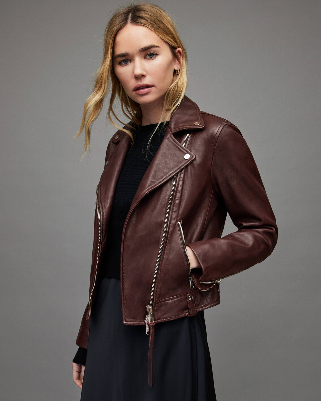 Women's Maroon Leather Biker Jacket – Classic & Stylish