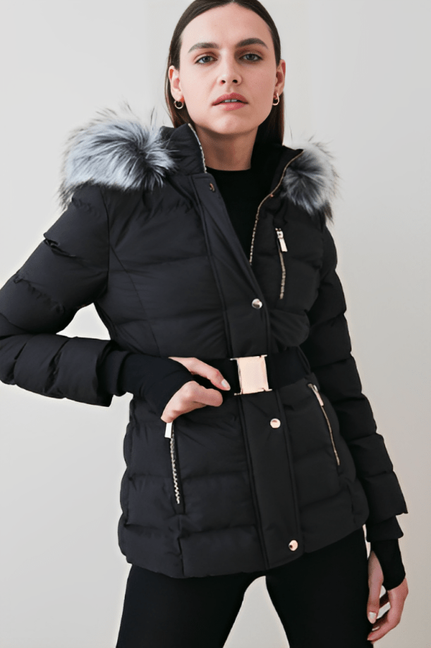 Women's Black Puffer Jacket with Fur Hood - Sleek and Cozy