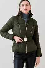 Women's Khaki Green Puffer Jacket with Belt - Stylish and Warm