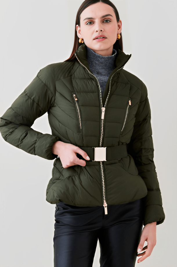 Women's Khaki Green Puffer Jacket with Belt - Stylish and Warm
