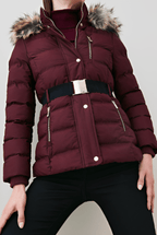 Women's Ox Red Puffer Jacket with Fur Collar - Bold and Cozy