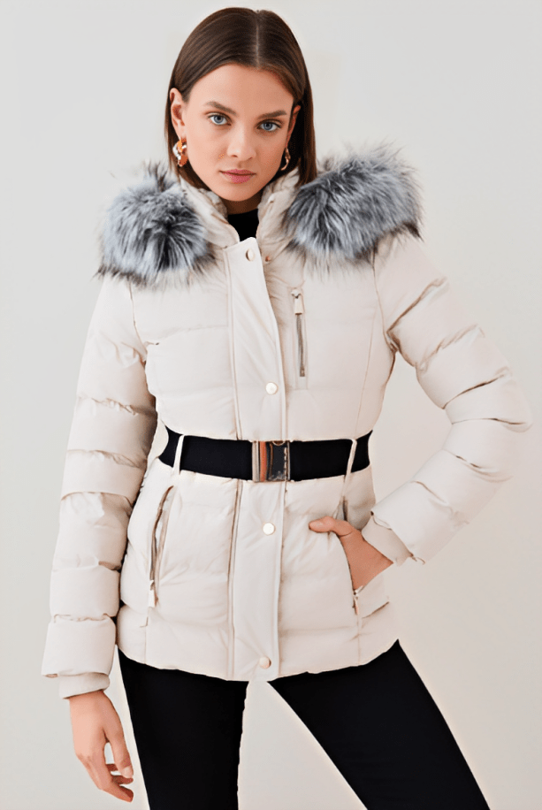Women's Beige Puffer Jacket with Fur Hood - Chic and Cozy