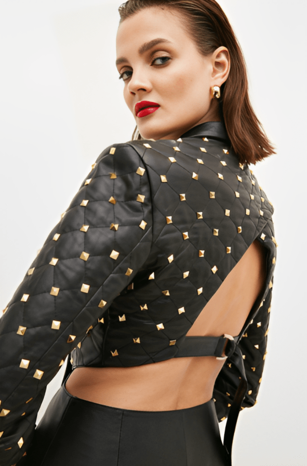 Women's Black Quilted Studded Leather Blazer - Chic and Edgy