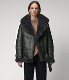 Women's Khaki Sheepskin Bomber Biker Leather Jacket