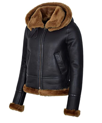 Women's Black Sheepskin Leather Jacket with Hood - Stylish and Warm