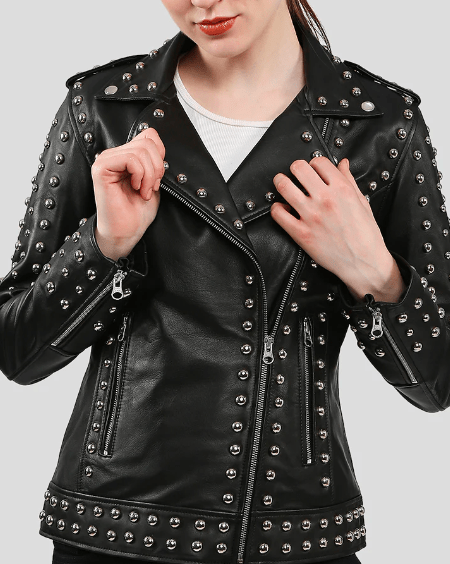 Women's Black Studded Leather Biker Jacket - Edgy Motorcycle Look