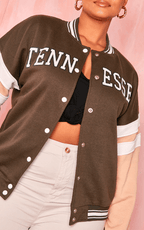 Women's Brown Varsity Bomber Leather Jacket with Pink Sleeves - Stylish and Unique