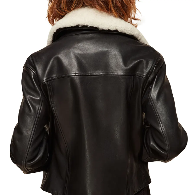 Women's Black Biker Leather Jacket with White Sheepskin Fur