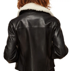 Women's Black Biker Leather Jacket with White Sheepskin Fur