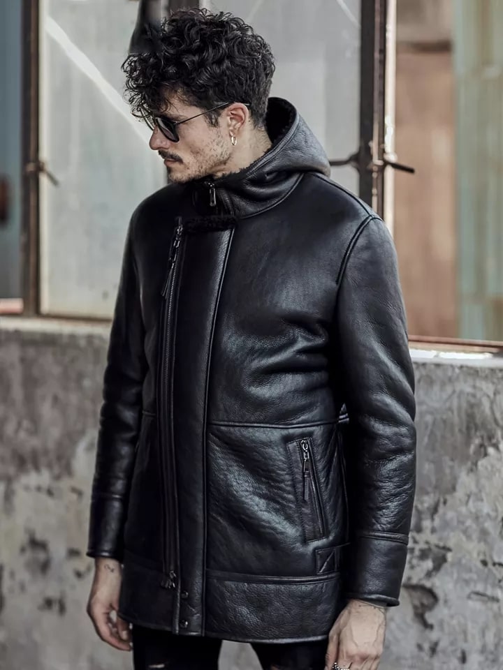 Men's Black Fur Shearling Leather Coat with Hood - Luxurious & Warm