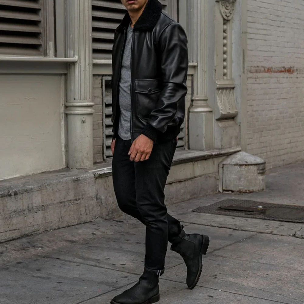 Mens Black G-1 Flight Leather Bomber Jacket