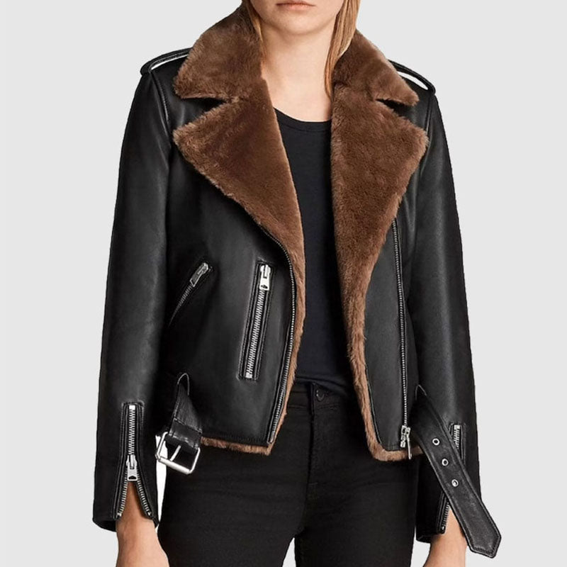 Women Shearling Fur Aviator Jacket Slim Fit Genuine Leather