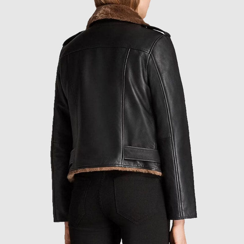Women Shearling Fur Aviator Jacket Slim Fit Genuine Leather