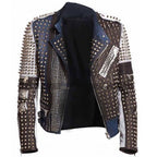 Mens Golden Studded Motorcycle Leather Jacket in Multi Color