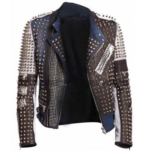 Mens Golden Studded Motorcycle Leather Jacket in Multi Color
