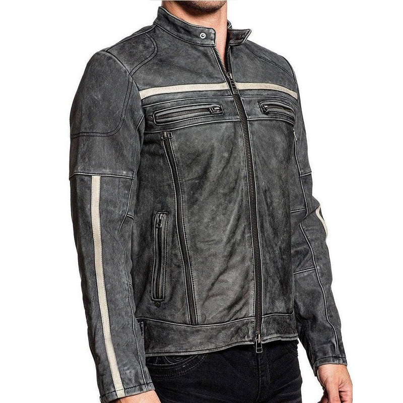 Distressed Men Biker Vintage Cafe Racer Leather Jacket