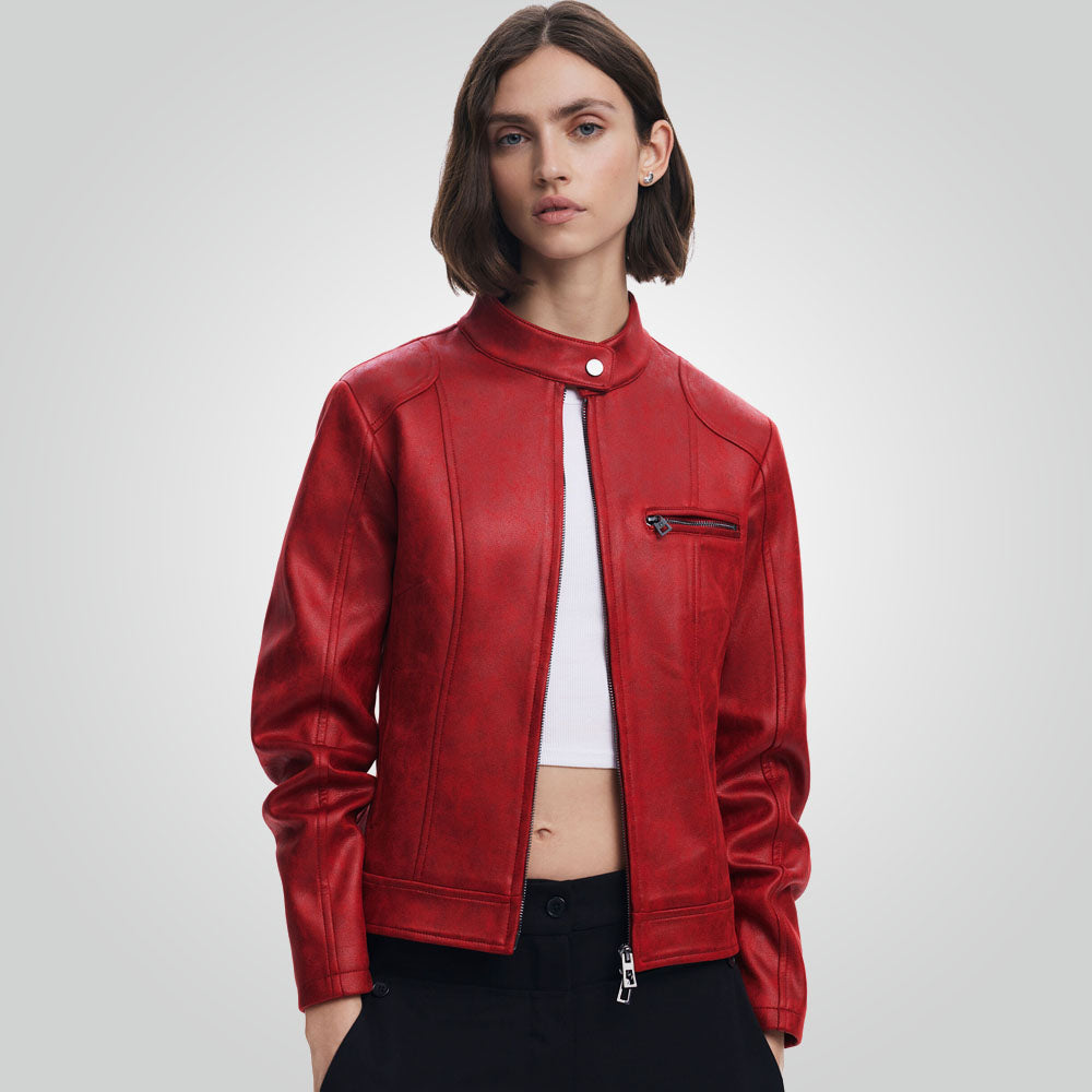 Cafe Racer Motorbike Style Red Leather Jacket