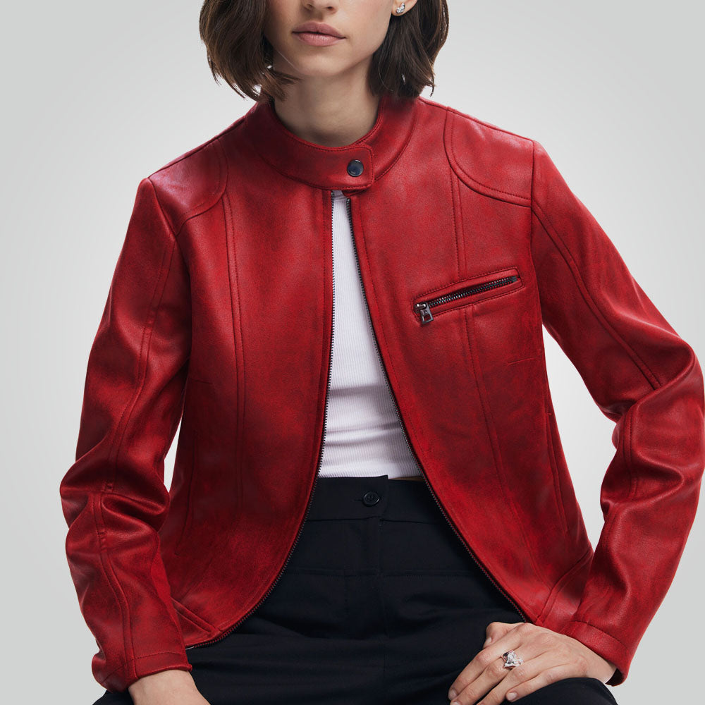 Cafe Racer Motorbike Style Red Leather Jacket