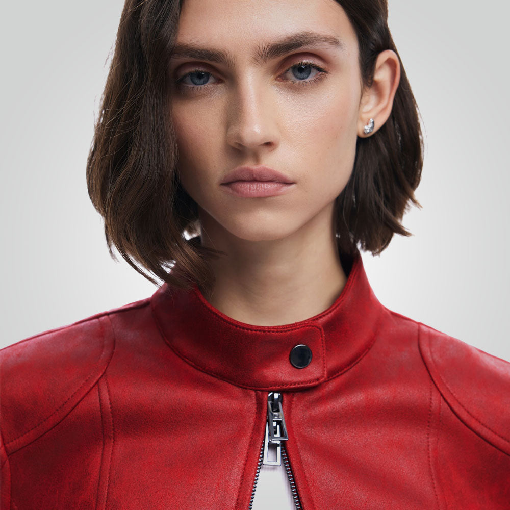Cafe Racer Motorbike Style Red Leather Jacket