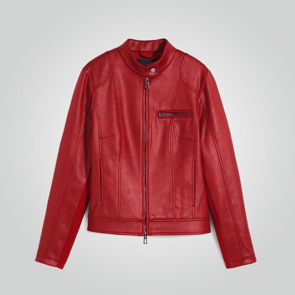 Cafe Racer Motorbike Style Red Leather Jacket