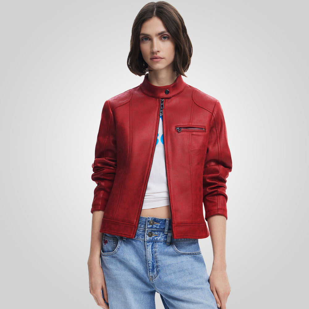 Cafe Racer Motorbike Style Red Leather Jacket