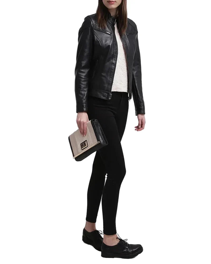 Callie Black Womens Cafe Racer Leather Jacket