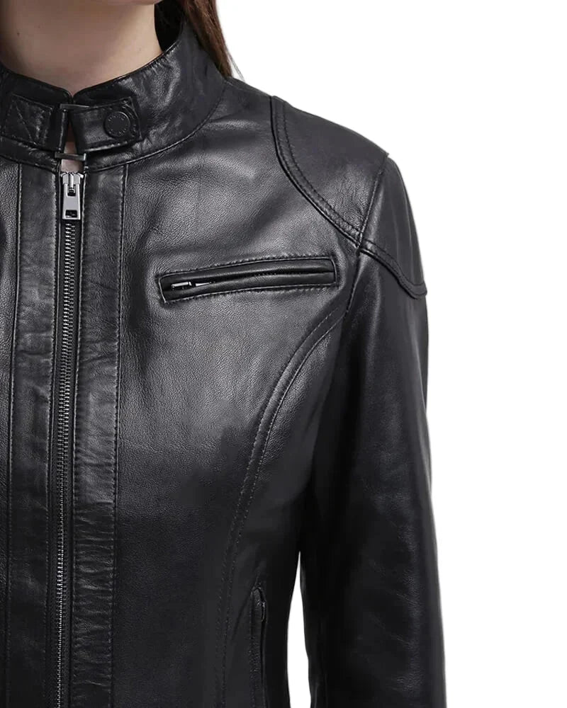 Callie Black Womens Cafe Racer Leather Jacket