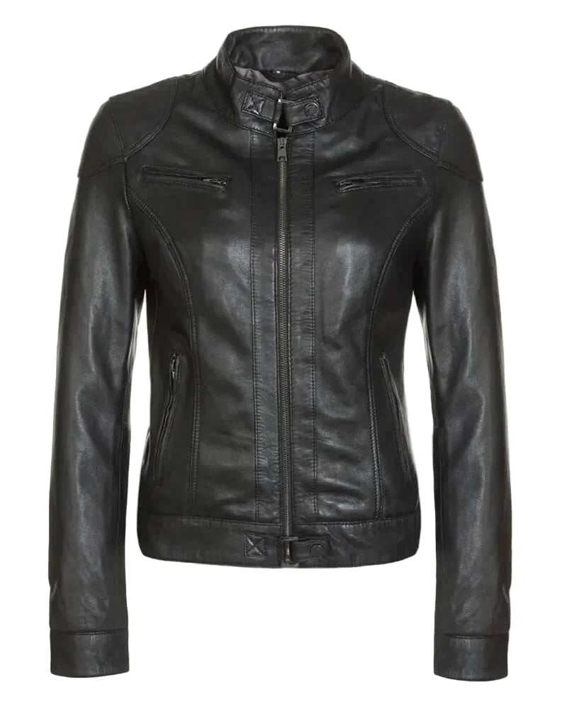 Callie Black Womens Cafe Racer Leather Jacket