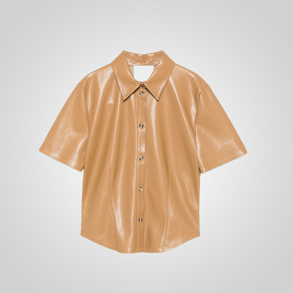 Camel Brown Leather Shirt for Women
