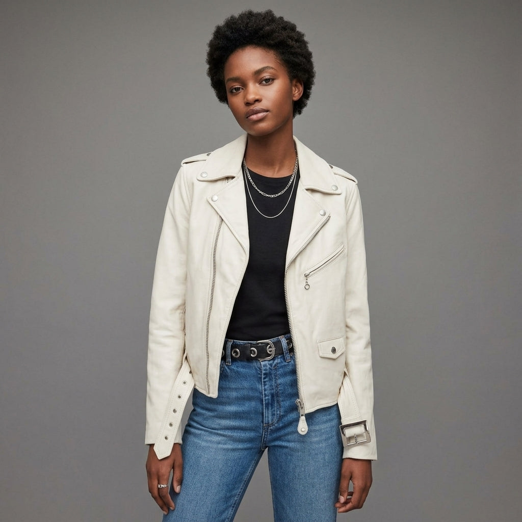 Women's White Leather Moto Jacket