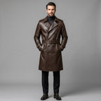Men's Chocolate Brown Leather Trench Coat - Leather Outlet