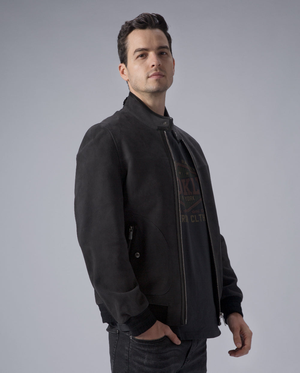 Charcoal Suede Bomber Jacket Leather Racer Jacket