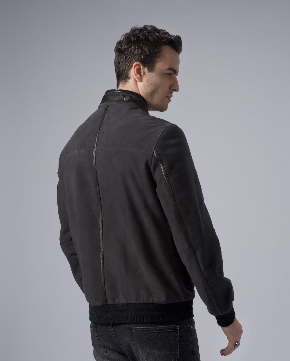 Charcoal Suede Bomber Jacket Leather Racer Jacket