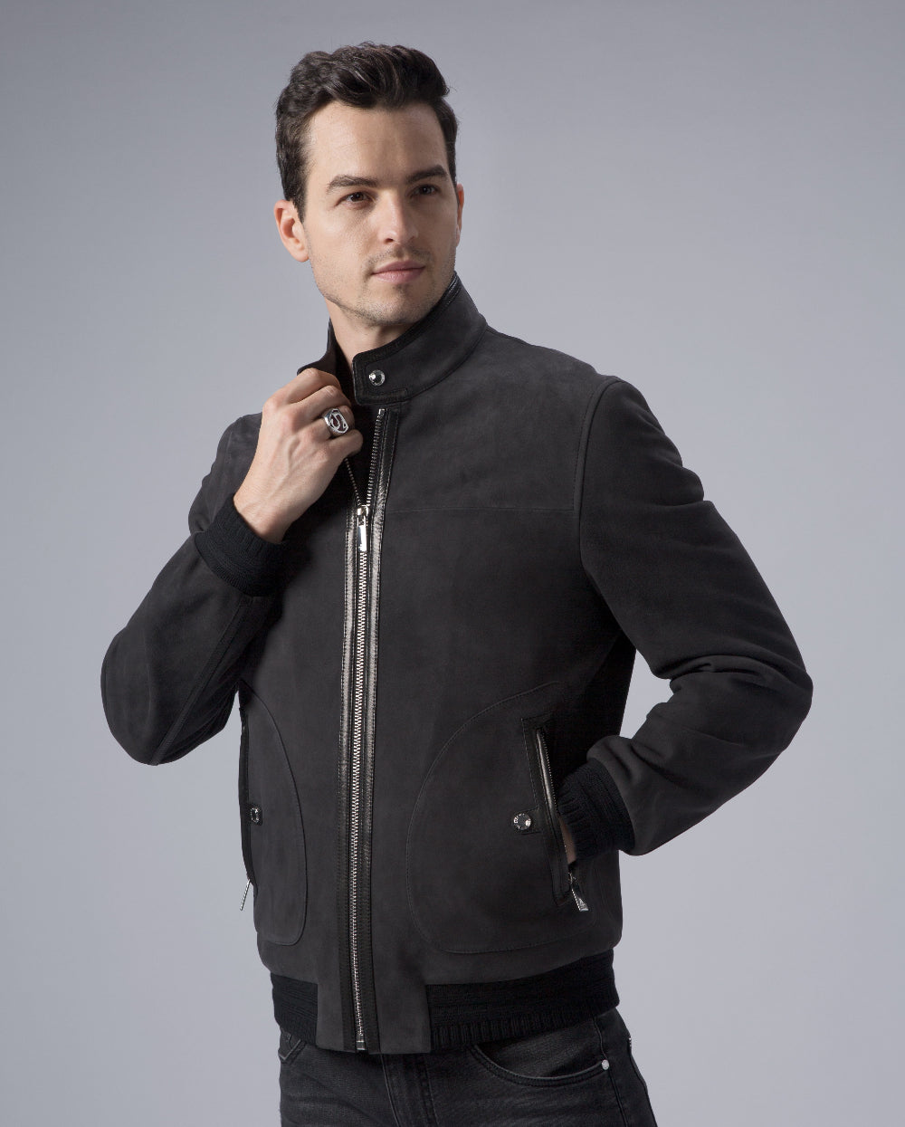 Charcoal Suede Bomber Jacket Leather Racer Jacket
