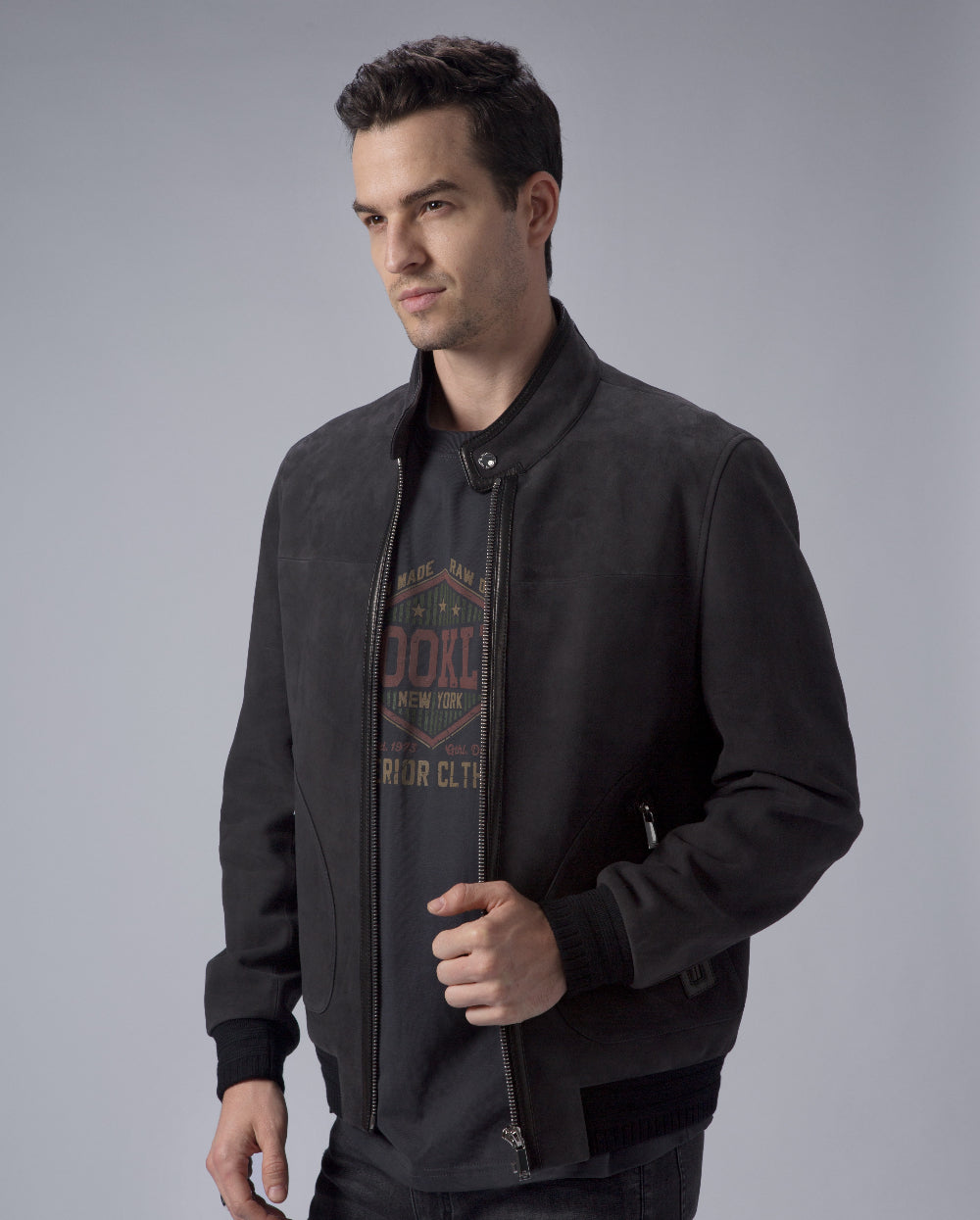 Charcoal Suede Bomber Jacket Leather Racer Jacket