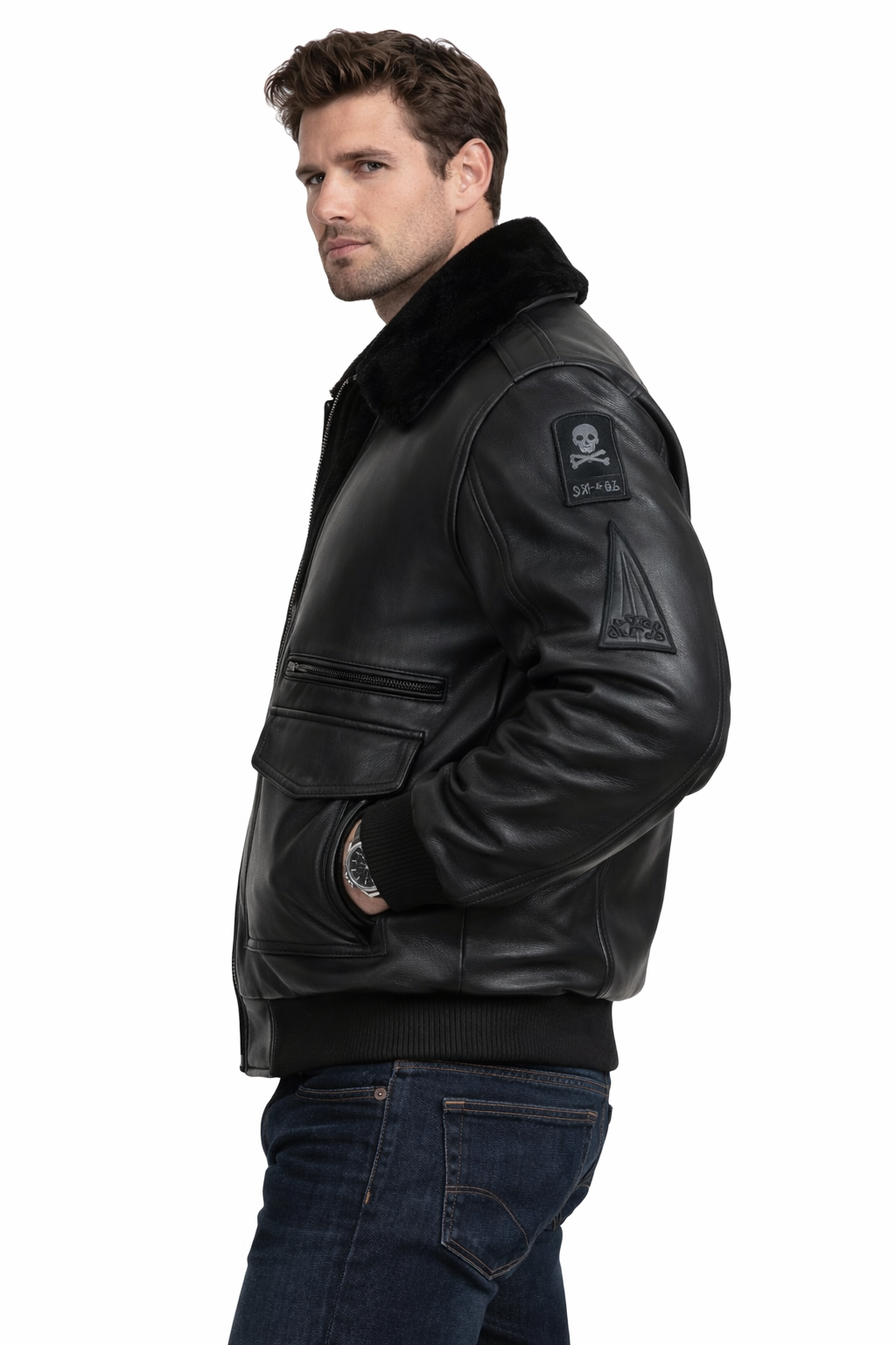 Stealth Squadron Black Leather Bomber Jacket – Aviator Fur Collar