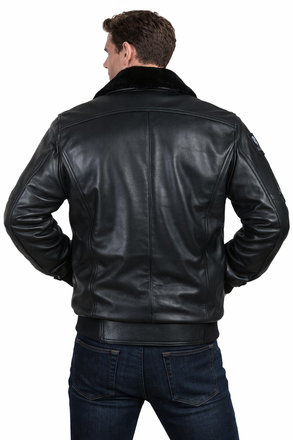 Stealth Squadron Black Leather Bomber Jacket – Aviator Fur Collar