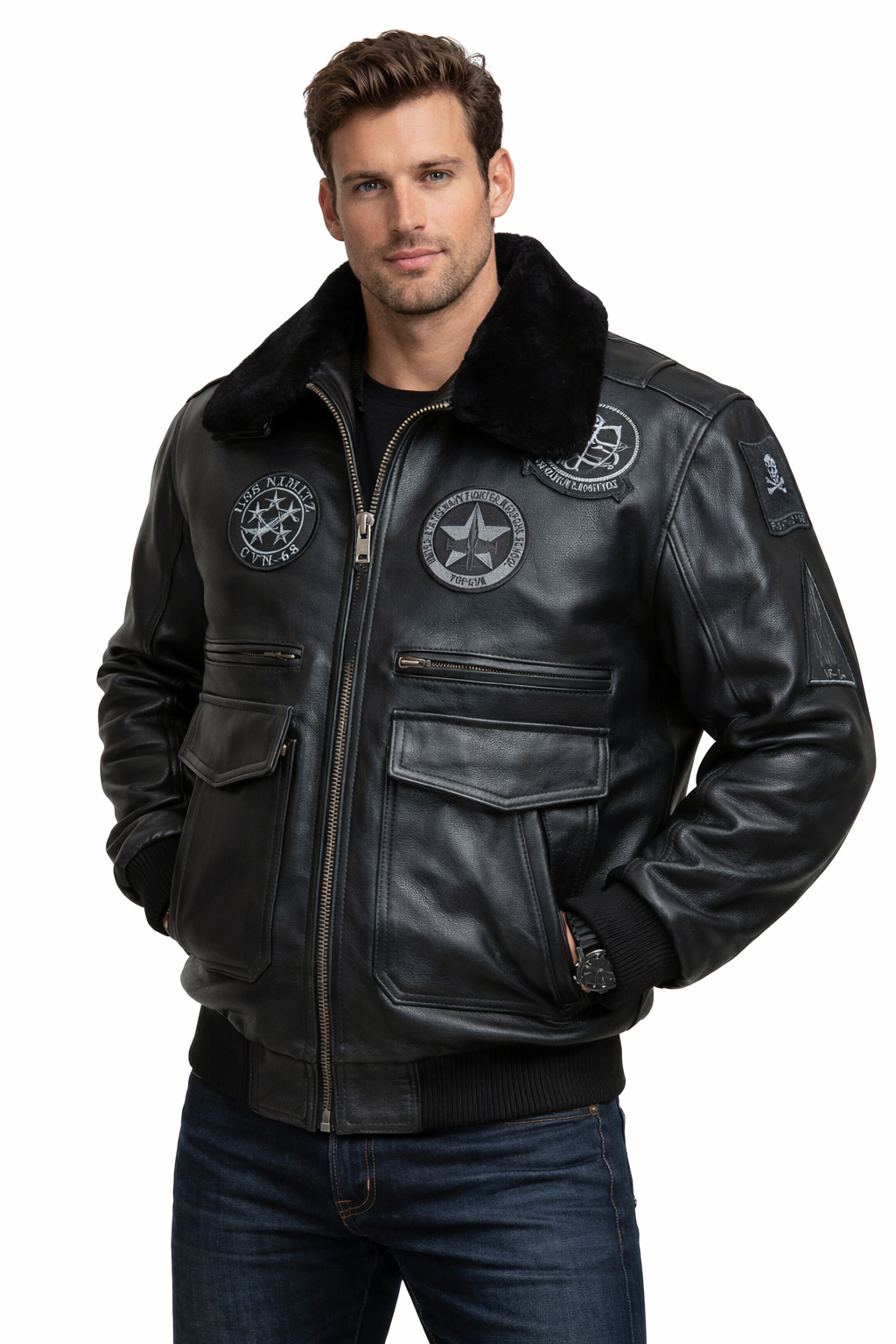 Stealth Squadron Black Leather Bomber Jacket – Aviator Fur Collar