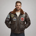 Men's Brown Flight Leather Jacket with Patches
