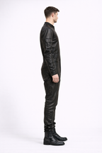 Men’s Black Real Leather Slim-Fit Jacket – Round Neck Racer Style