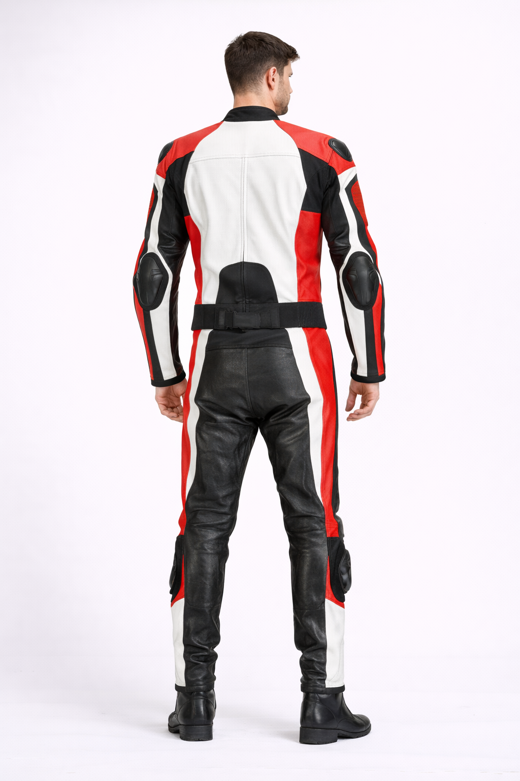 Men’s Red White Black Two-Piece Motorcycle Leather Suit