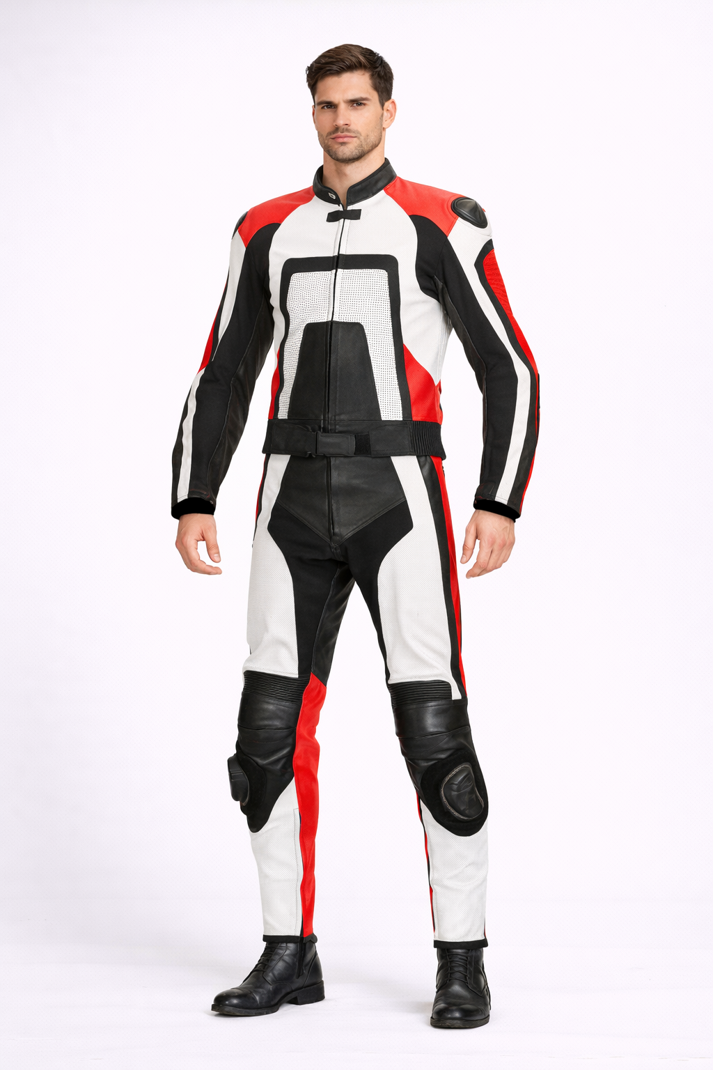 Men’s Red White Black Two-Piece Motorcycle Leather Suit