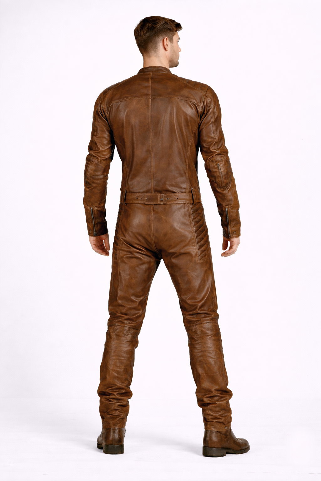 Men’s Brown Leather Racing Jumpsuit – Vintage Biker Moto Suit