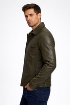 Men's Olive Green Leather Trucker Jacket