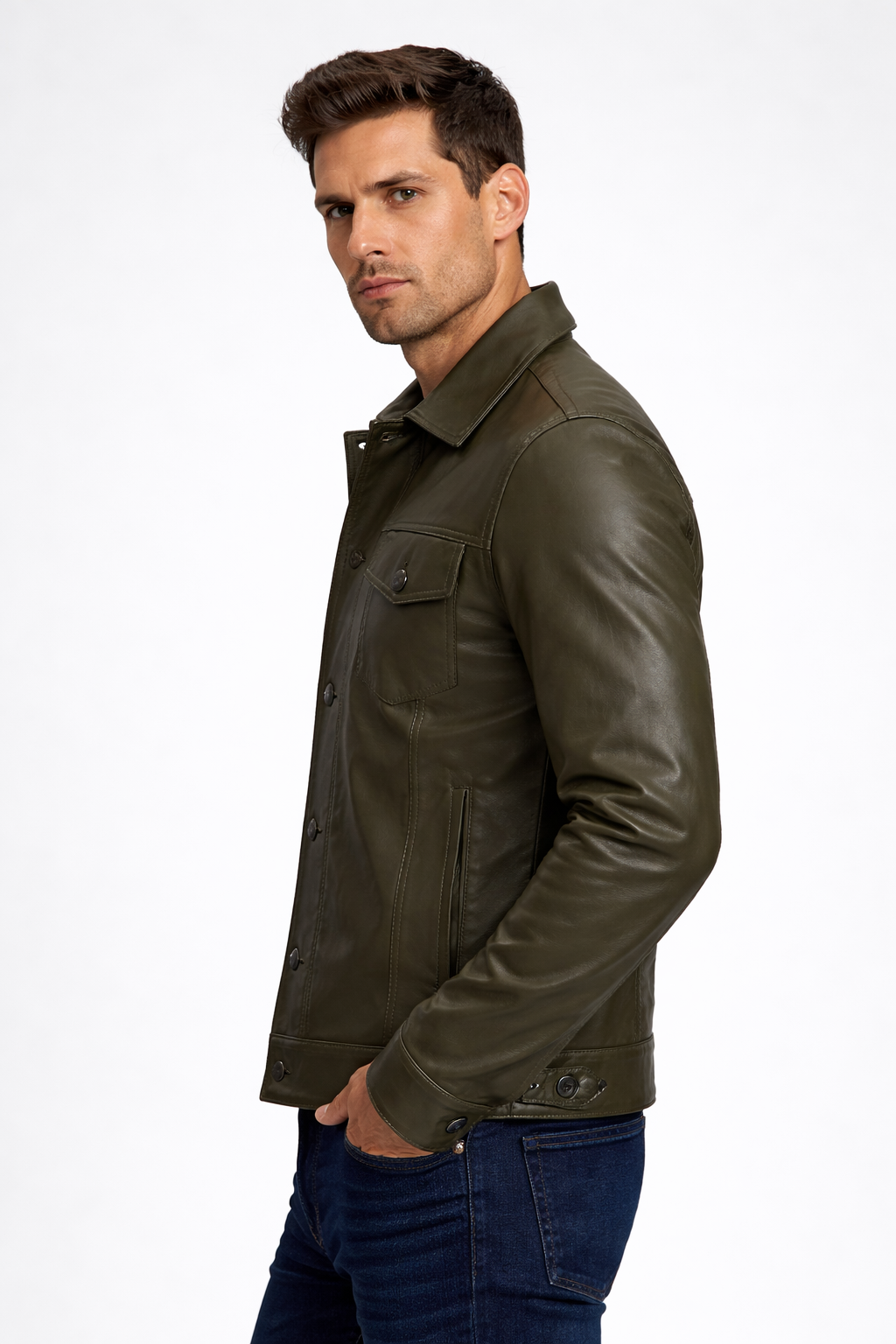 Men's Olive Green Leather Trucker Jacket