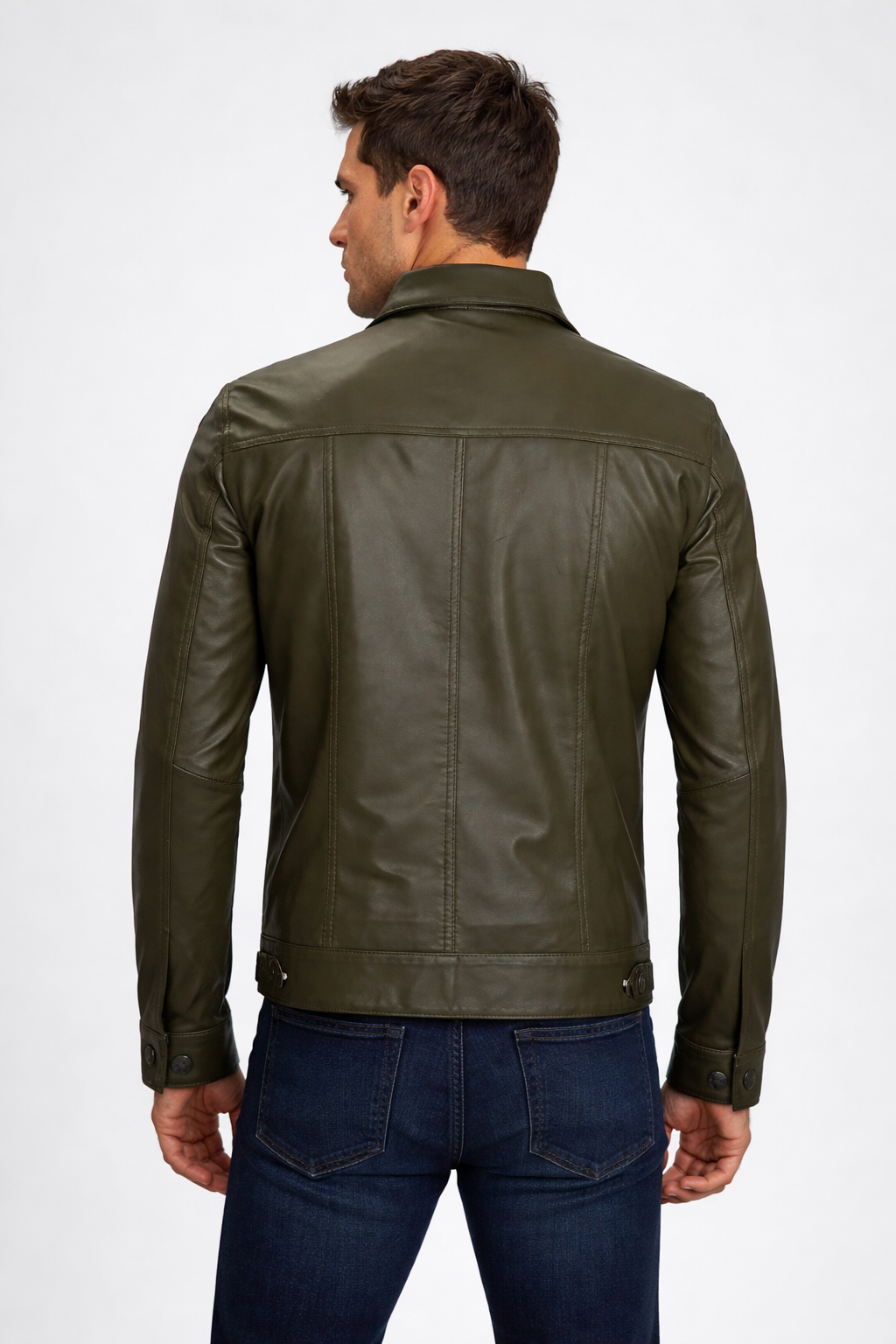 Men's Olive Green Leather Trucker Jacket