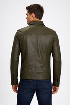 Men's Olive Green Leather Trucker Jacket