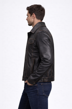 Men's Black Moto Trucker Leather Jacket