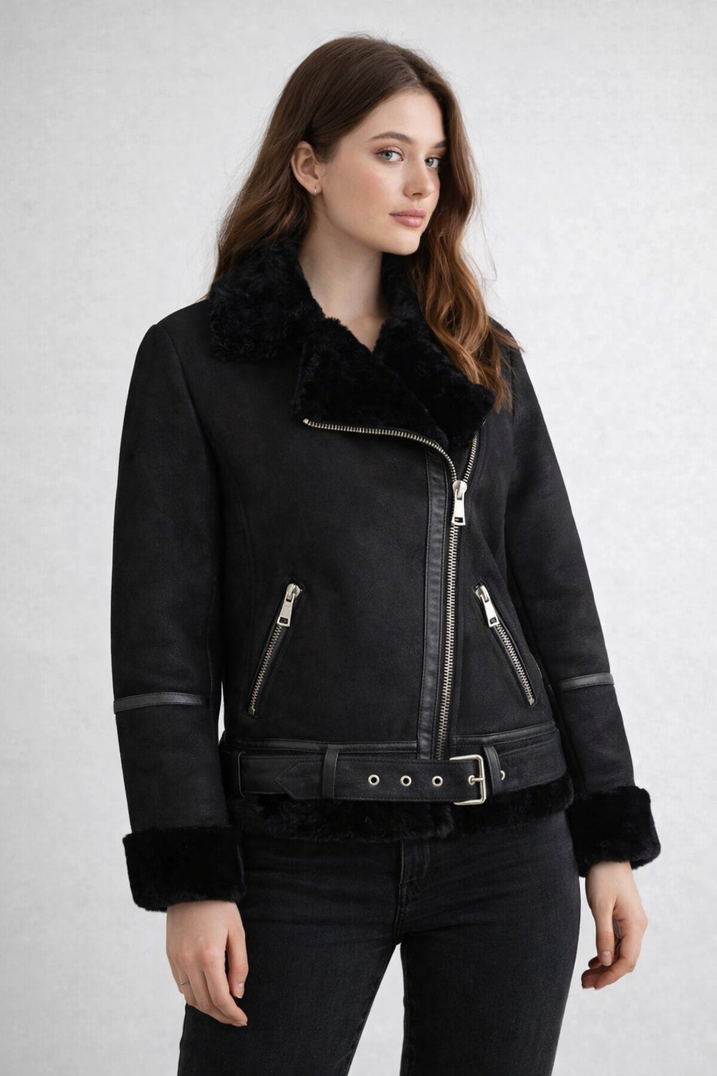 Women's Black Aviator Leather Jacket - Leather Outlet